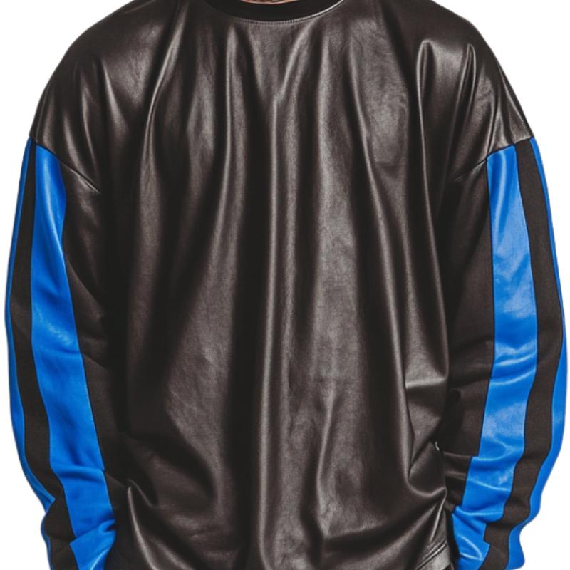 Men's Loose Contrast Color Round Neck Leather Sweatshirt 9887361859768