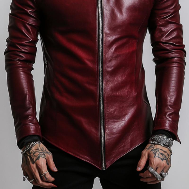 Men's Stylish Casual Stand Collar Slim Fit Leather Jacket 9885322543288