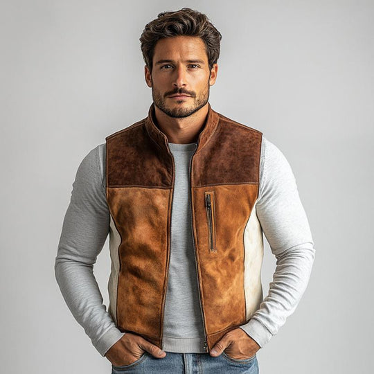 Men's Vintage Suede Colorblock Zipper Stand Collar Vest 9879659315384