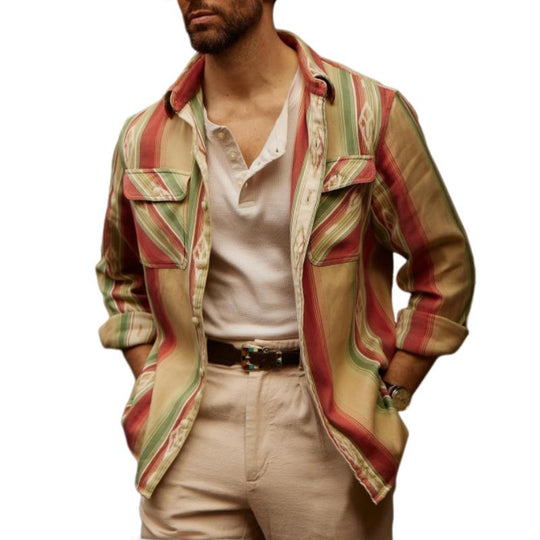 Men's Classic Trendy Denim Stripe Print Long Sleeve Shirt 9877643886776