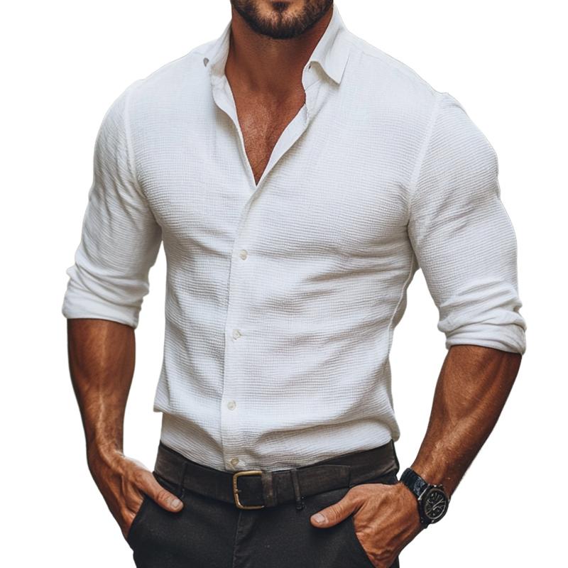 Men's Retro Casual Waffle Lapel Long Sleeve Shirt 9879659151544
