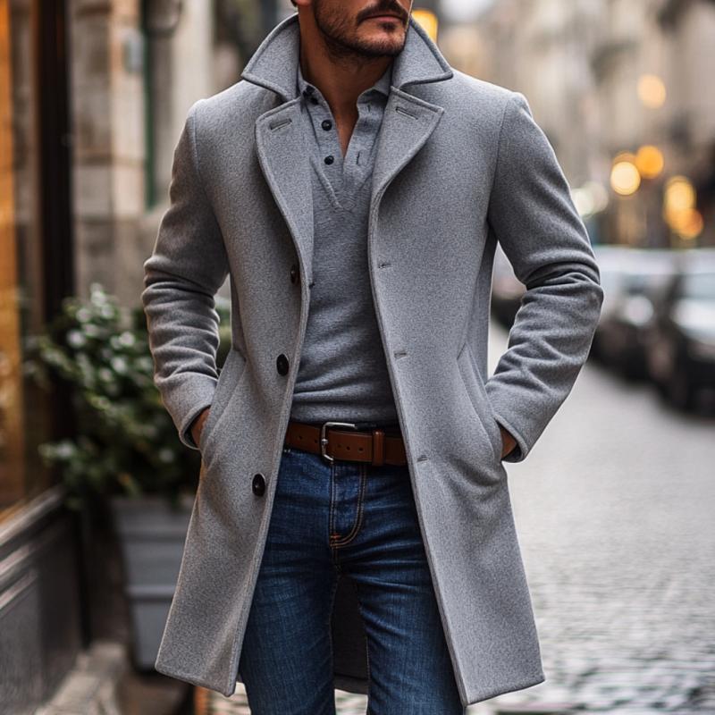 Men's Casual Wool Blended Lapel Single-breasted Loose Long Coat 9877214789816