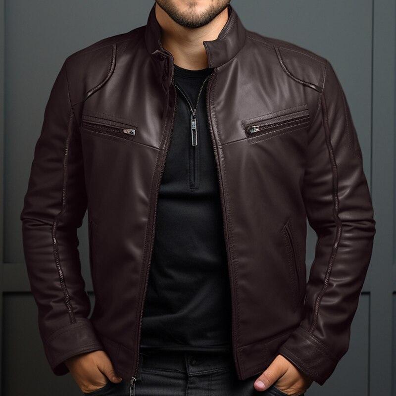 Men's Vintage Stand Collar Zipper Slim Leather Jacket 9261079789752