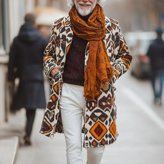 Men's Retro Colorful Ethnic Pattern Printed Woolen Mid-Length Coat 9261110526136
