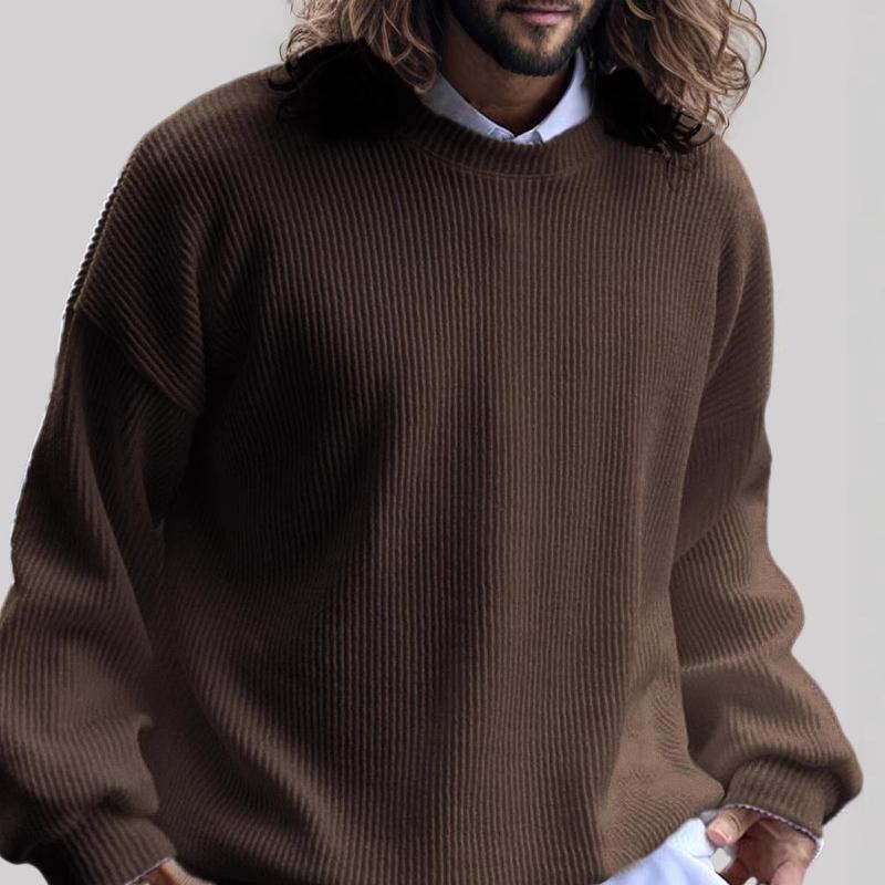Men's Solid Color Striped Loose Round Neck Long Sleeve Casual Sweatshirt 9873520132280