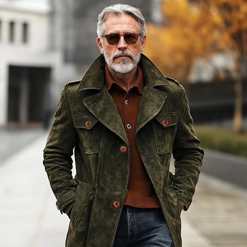 Men's Vintage Suede Lapel Multi-Pocket Trench Coat 9261103841464