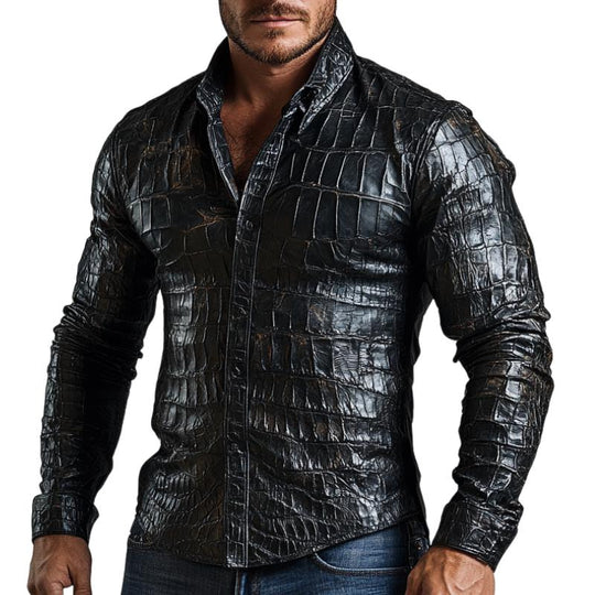 Men's Casual Black Lapel Textured Leather Shirt 9886816370872
