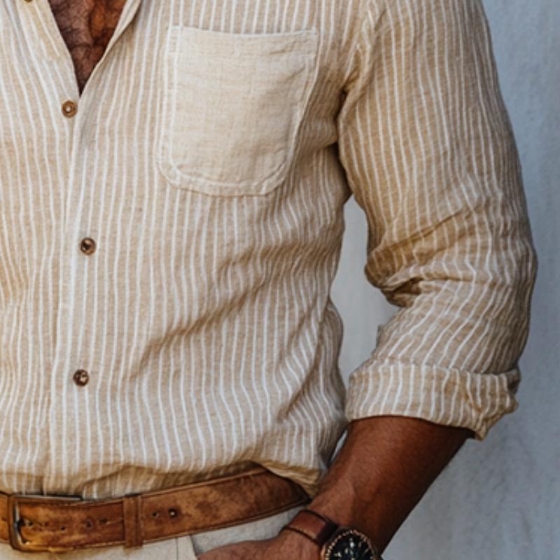 Men's Classic Casual Vertical Striped Linen Long Sleeve Shirt 9886820434104