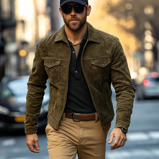 Men's Solid Color Suede Lapel Zipper Jacket 9882788692152