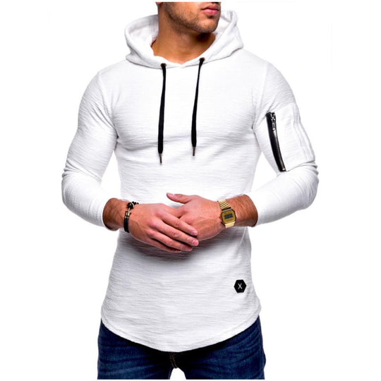 Men's Classic Casual Arm Zipper Solid Color Crew Neck Hooded Long Sleeve T-Shirt 9261141917880