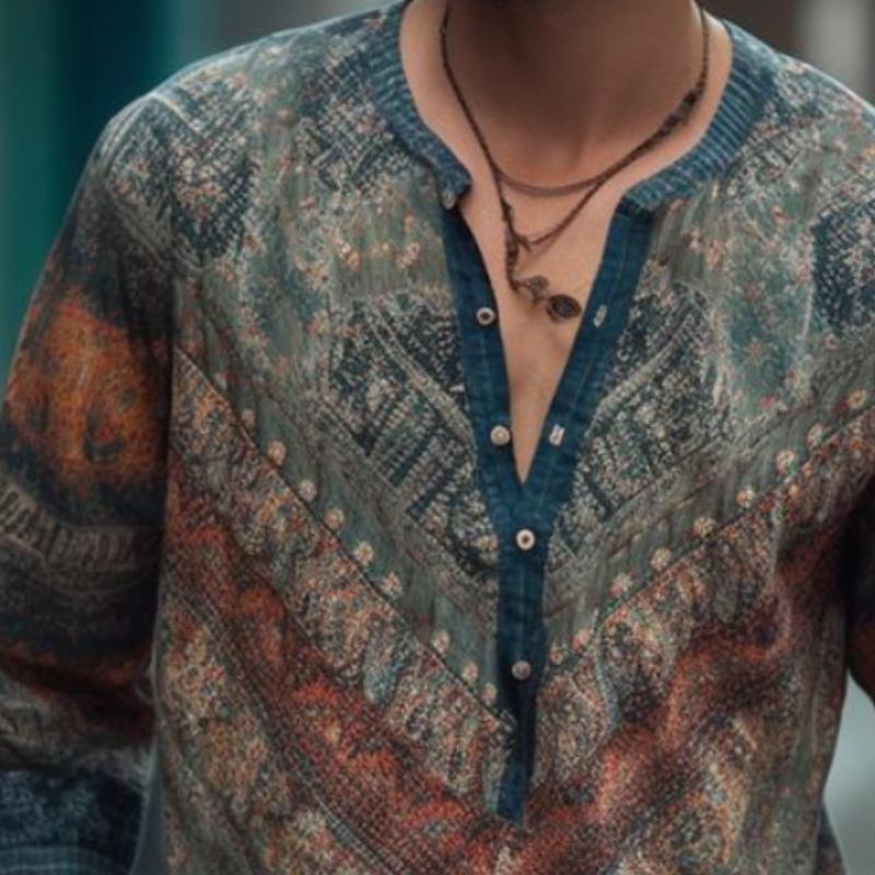 Men's Vintage Casual Printed Henley Collar Long Sleeve Shirt 9886819713208