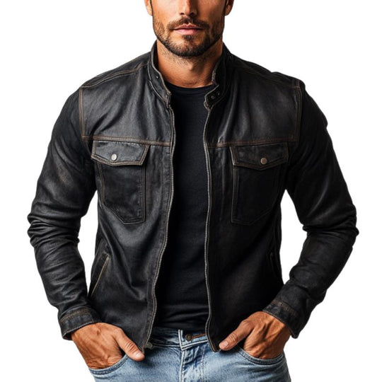 Men's Fashion Multi-Pocket Stand Collar Leather Jacket 9884643492024