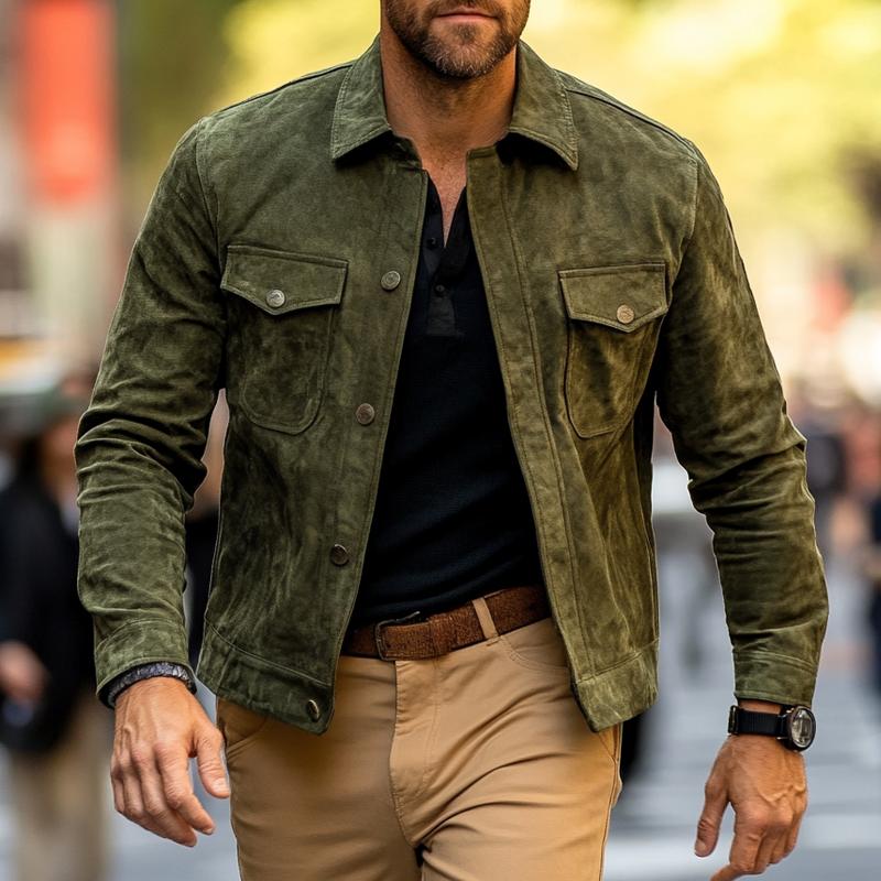 Men's Solid Color Suede Lapel Single Breasted Jacket 9882788495544