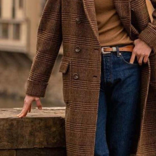 Men's Classic Casual Multi-Pocket Knee-Length Houndstooth Double-Breasted Coat 9261107871928