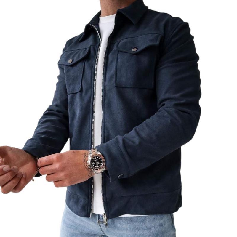 Men's Casual Suede Lapel Zipper Chest Pocket Slim Fit Jacket 9884641853624
