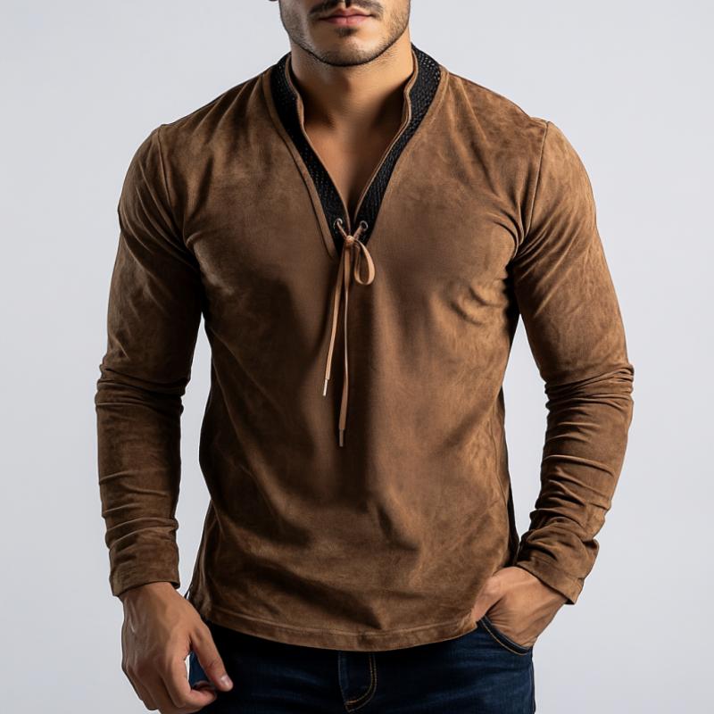 Men's  Casual Stitching Leather Stand Collar Drawstring Suede Long Sleeve POLO Shirt 9886820401336