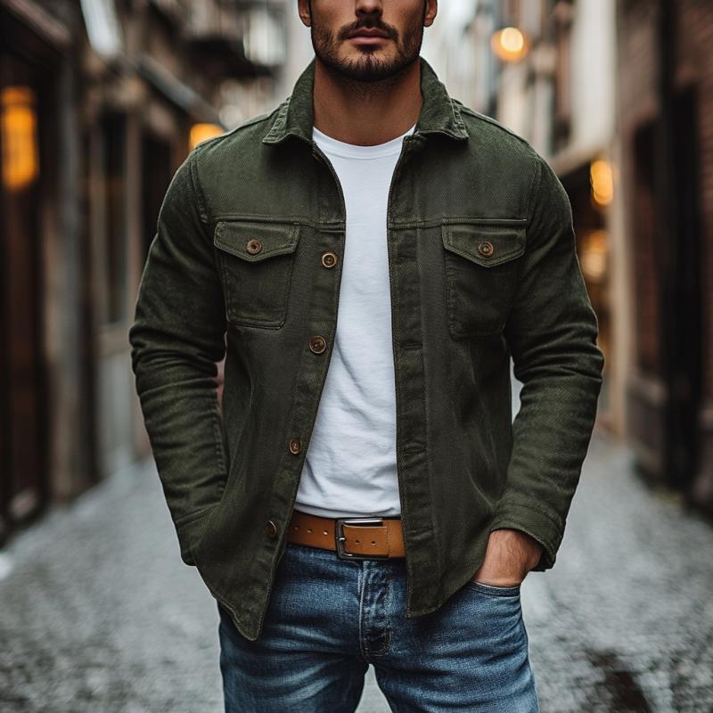 Men's Vintage Cotton Canvas Lapel Chest Pocket Slim Fit Long Sleeve Shirt 9885320282296