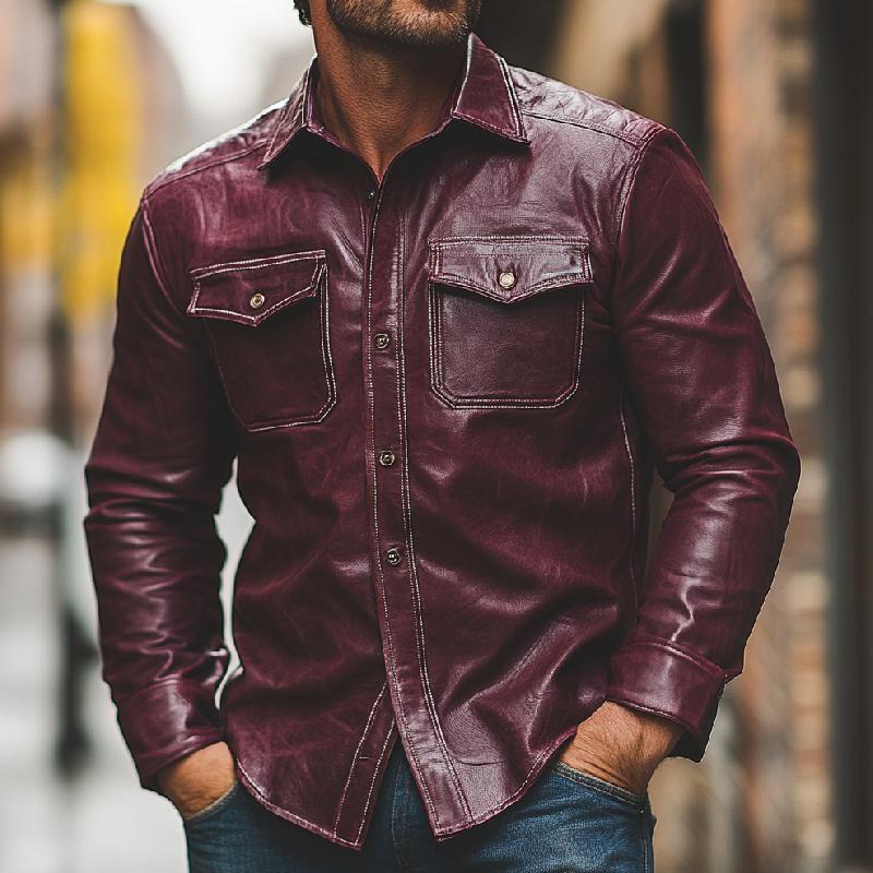 Men's Casual Burgundy Lapel Long Sleeve Leather Shirt 9879658791096