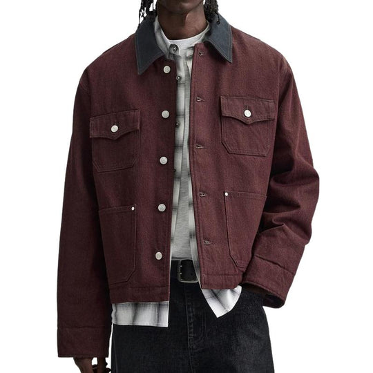 Men's Stylish Burgundy Lapel Canvas Jacket 9886819385528