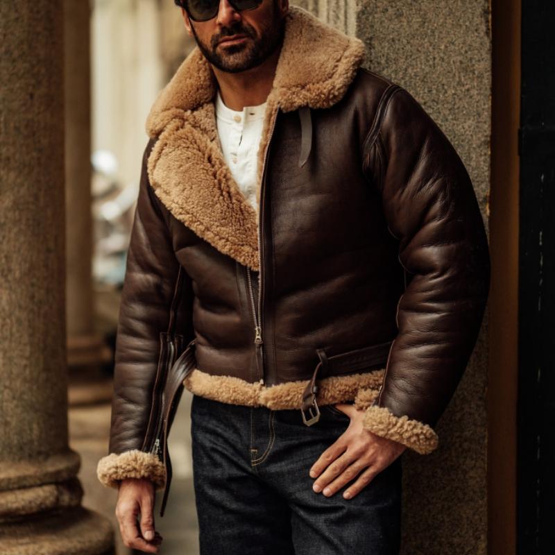 Men's Classic Vintage Lapel Lambswool Leather Jacket 9274150584504