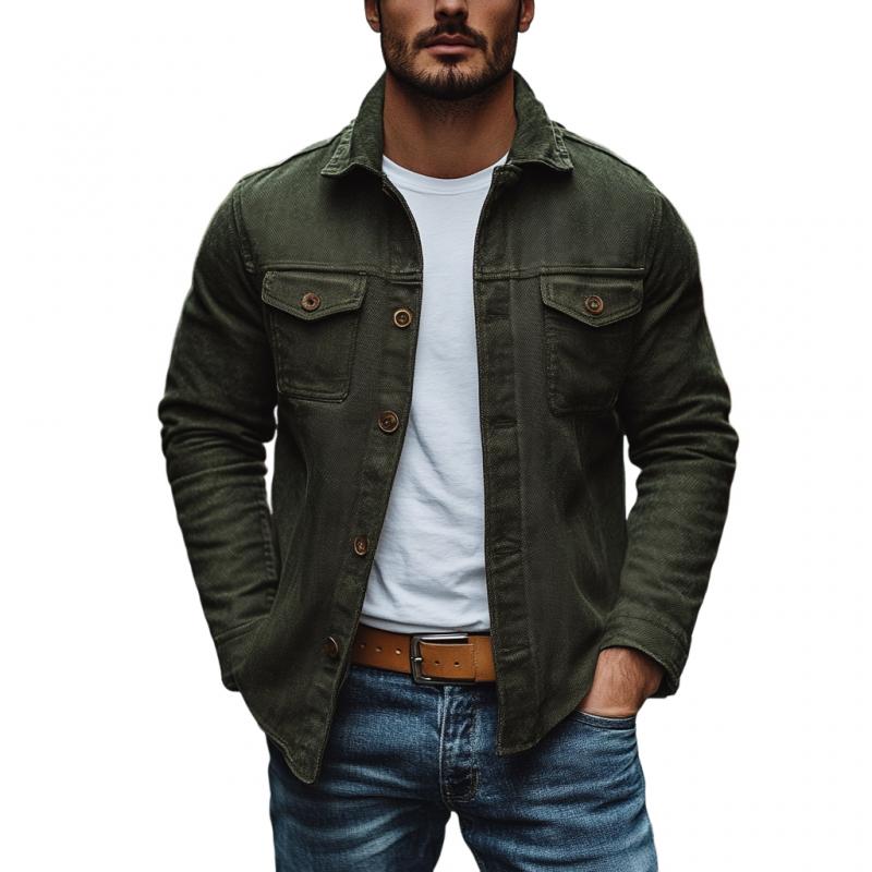 Men's Vintage Cotton Canvas Lapel Chest Pocket Slim Fit Long Sleeve Shirt 9885320282296