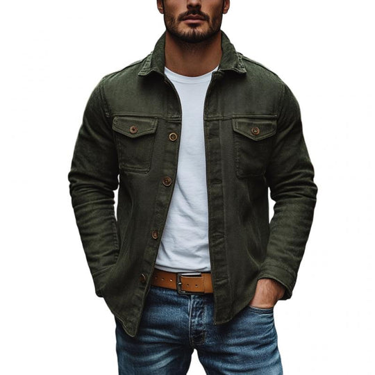 Men's Vintage Cotton Canvas Lapel Chest Pocket Slim Fit Long Sleeve Shirt 9885320282296