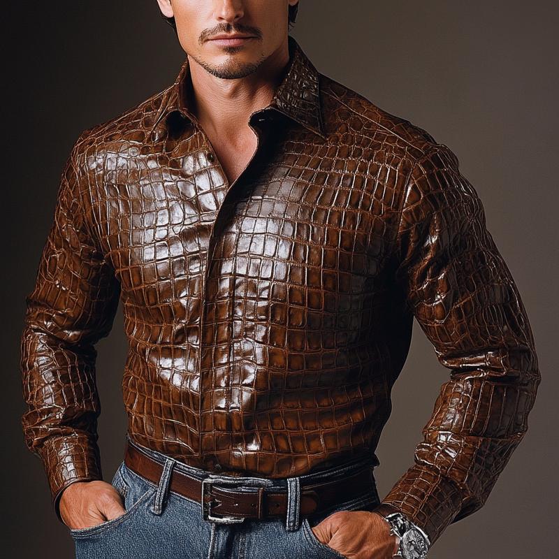 Men's Vintage Casual Lapel Textured Leather Shirt 9886816272568