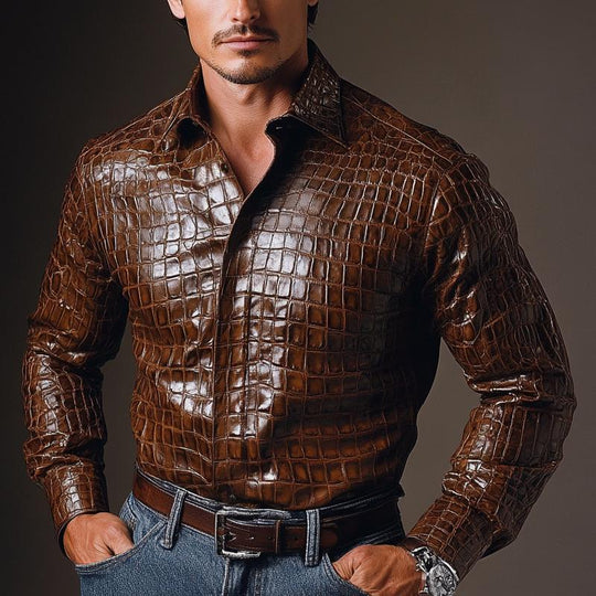 Men's Vintage Casual Lapel Textured Leather Shirt 9886816272568