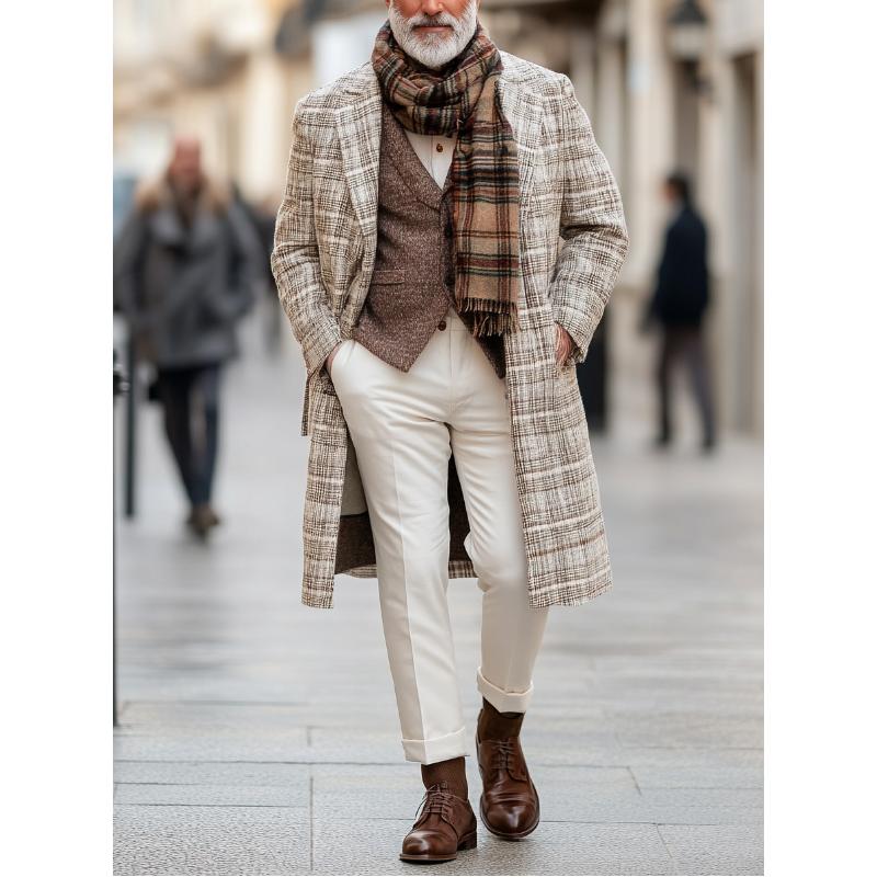 Men's Retro Plaid Printed Woolen Mid-Length Coat 9261109412024