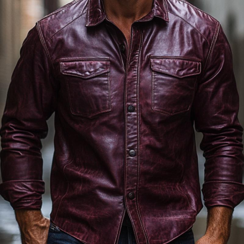Men's Vintage Burgundy Lapel Long Sleeve Leather Shirt 9879658758328