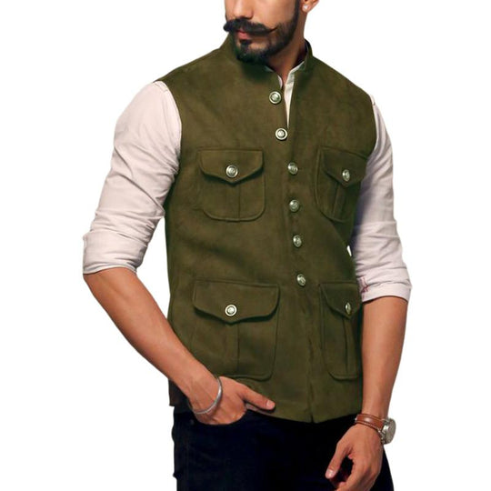 Men's Army Green Suede Stand Collar Vest 9877926019256