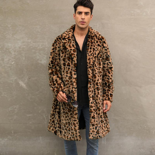 Men's Classic Casual Leopard Plush Faux Fur Suit Collar Mid-Length Coat 9261110132920