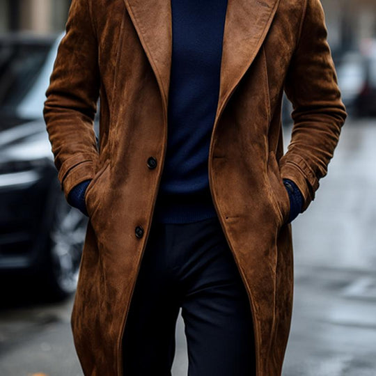 Men's Fashion Suede Notch Lapel Two Buttons Long Coat 9261104857272