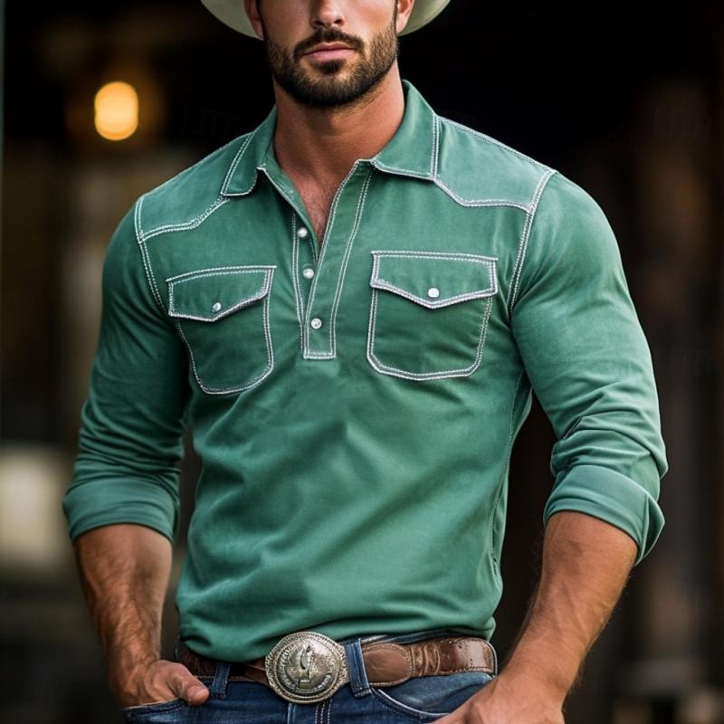 Men's Fashion Western Style Slim Fit Long Sleeve Polo Shirt 9882786136248