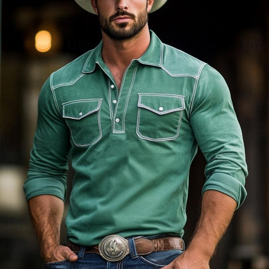 Men's Fashion Western Style Slim Fit Long Sleeve Polo Shirt 9882786136248