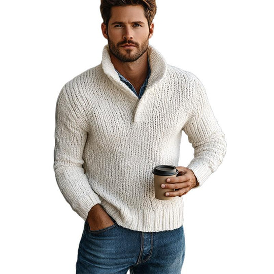 Men's Vintage White Stand Collar Knit Sweater 9885838115000