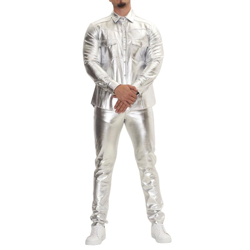 Men's Trendy Lapel Shiny Leather Long-sleeved Shirt 9886816075960