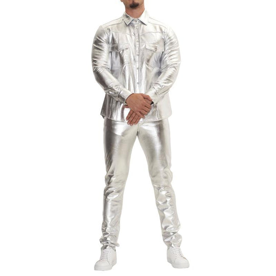 Men's Trendy Lapel Shiny Leather Long-sleeved Shirt 9886816075960
