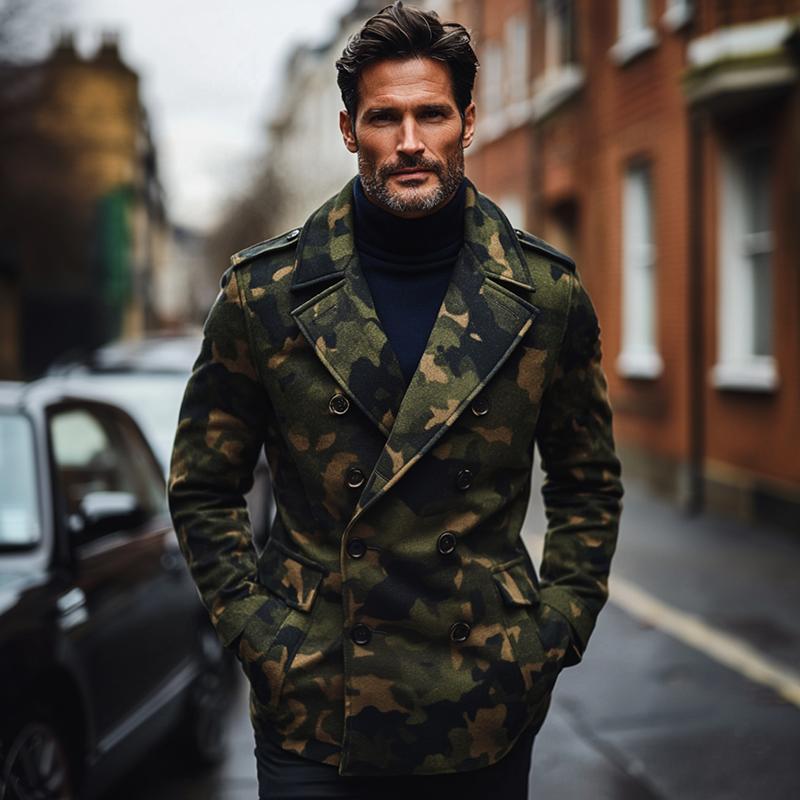 Men's Fashion Camo Print Lapel Double Breasted Casual Coat 9261104890040