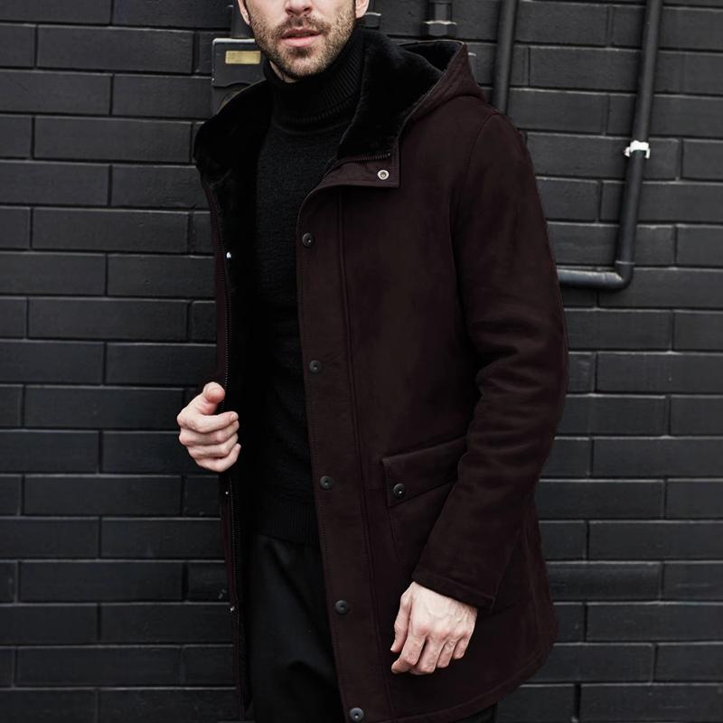 Men's Plush Suede Hooede Single Breasted Mid-length Coat 9261106167992