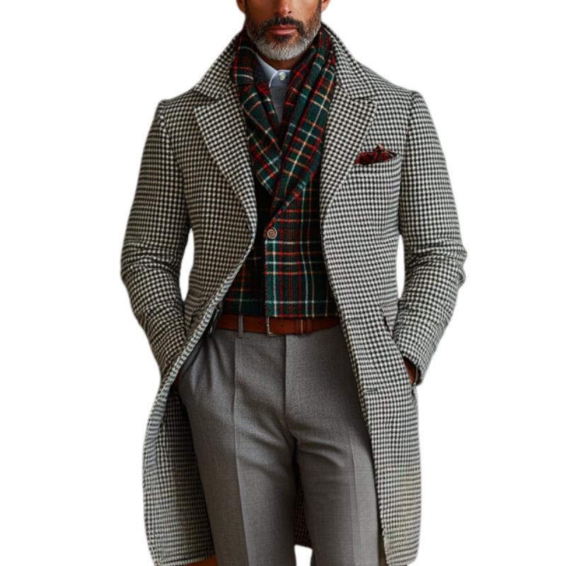 Men's Retro Business Houndstooth Lapel Single Breasted Mid-Length Coat 9261107904696
