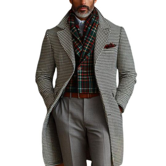 Men's Retro Business Houndstooth Lapel Single Breasted Mid-Length Coat 9261107904696