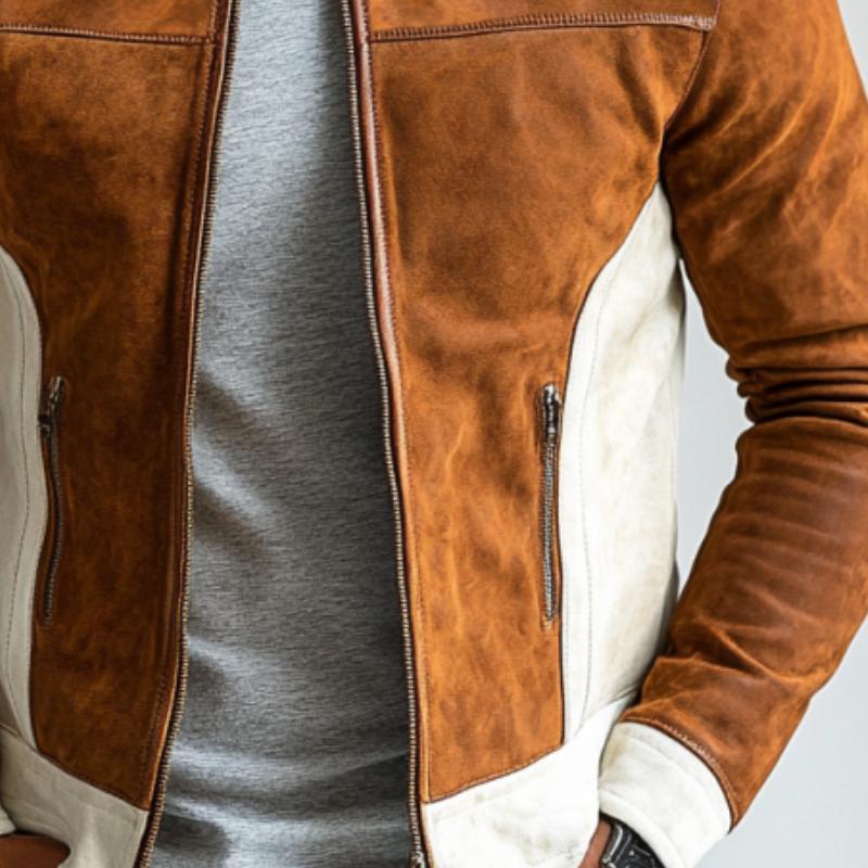 Men's Fashion Suede Colorblock Zipper Stand Collar Jacket 9877643165880