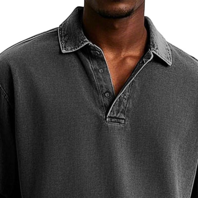 Men's Vintage Washed Button Down Lapel Long Sleeve Polo Shirt 9883355349176