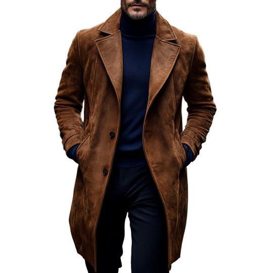 Men's Fashion Suede Notch Lapel Two Buttons Long Coat 9261104857272