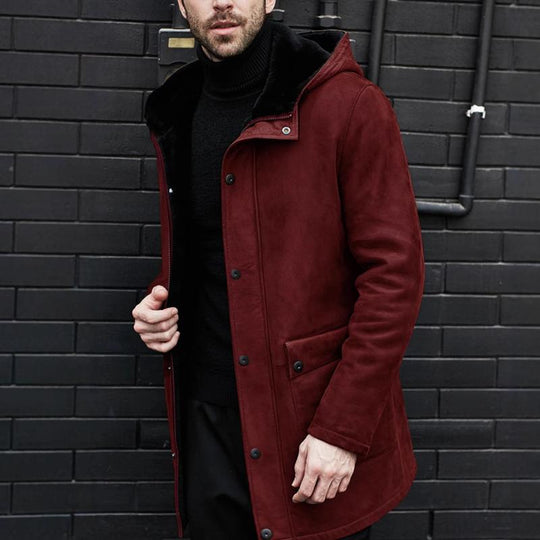 Men's Plush Suede Hooede Single Breasted Mid-length Coat 9261106167992