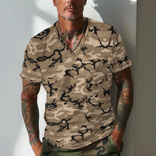 Men's Camouflage V Neck Breast Pocket Short Sleeve T-shirt 9261140508856
