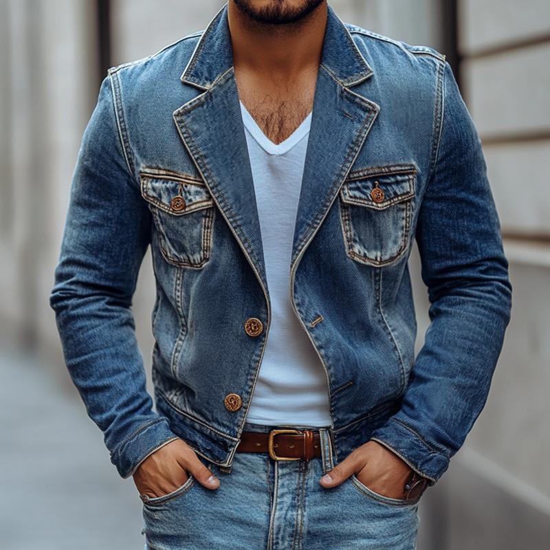 Men's Fashion Washed Notch Lapel Two Buttons Denim Jacket 9885838835896
