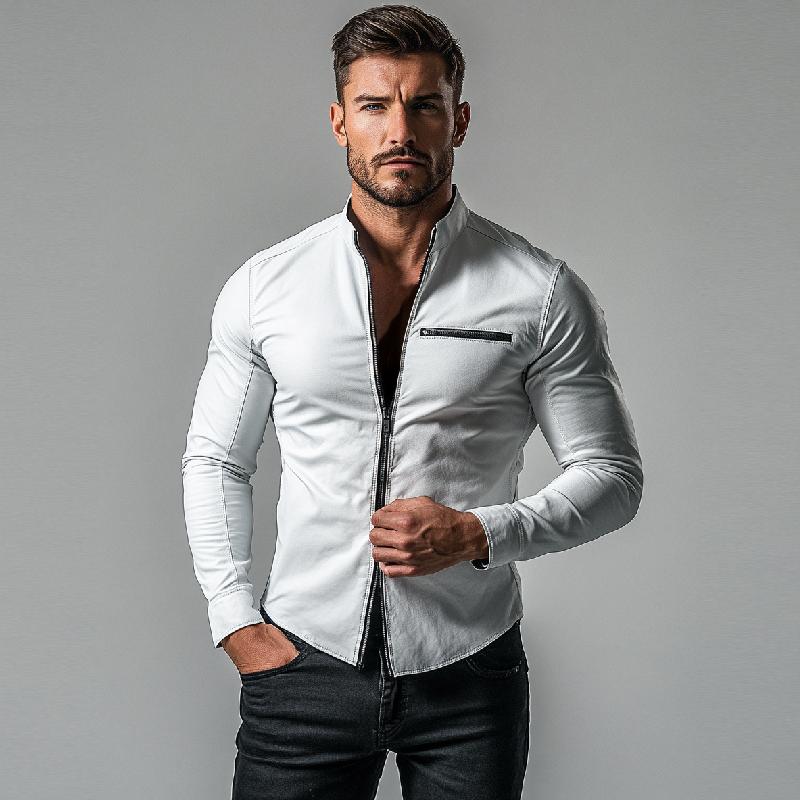 Mens Fashion Zipper Stand Collar Slim Fit Long Sleeve Leather Shirt 9880240226488