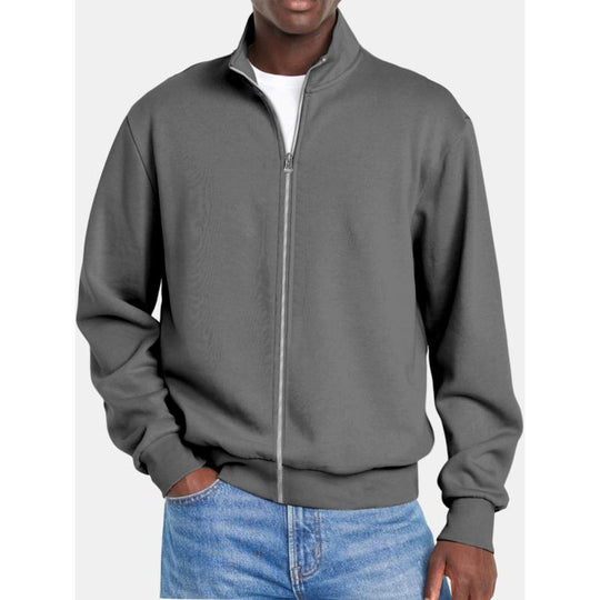 Men's Solid Color Zipper Stand Collar Long Sleeve Sweatshirt Jacket 9261085262008